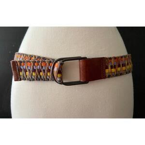 Colorful Fabric Belt w/Leather Trim Womens sz S